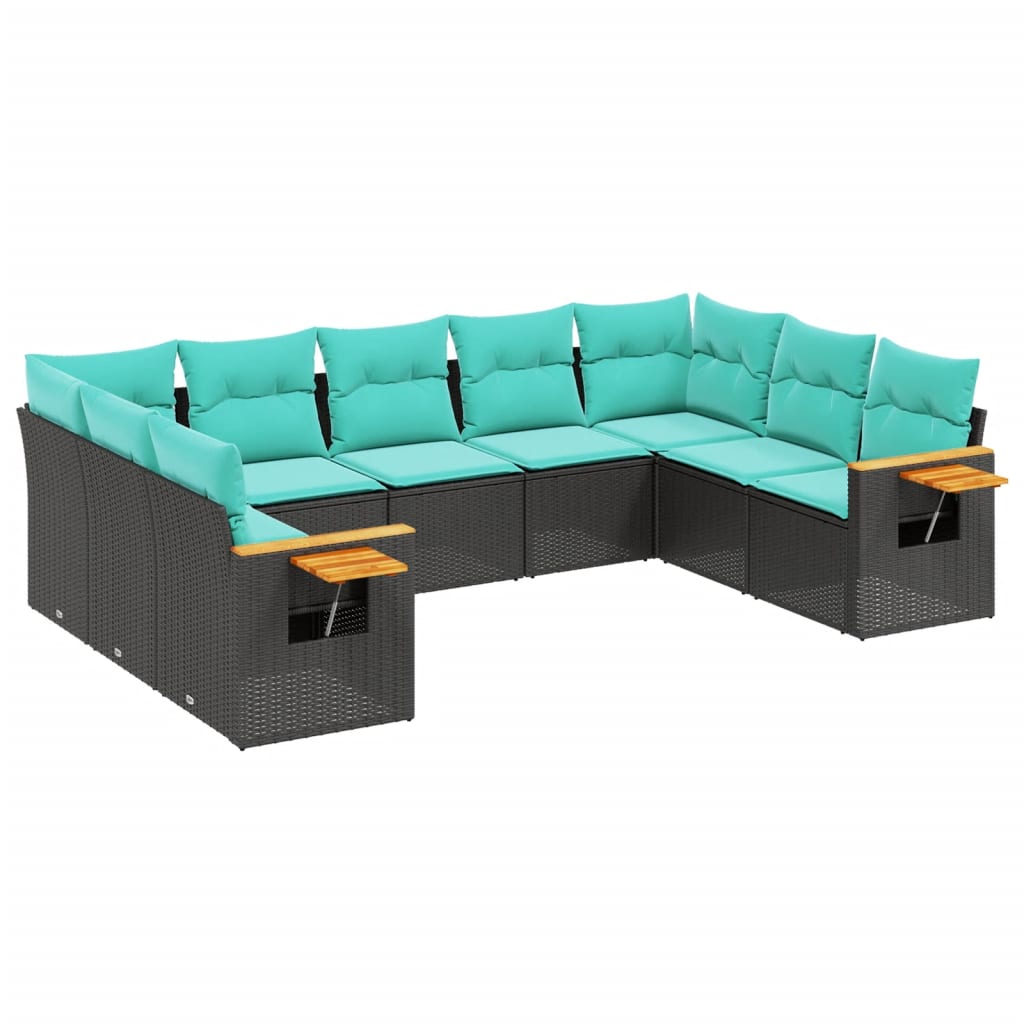 9-tlg. Garten-Sofagarnitur mit Kissen Schwarz Poly Rattan