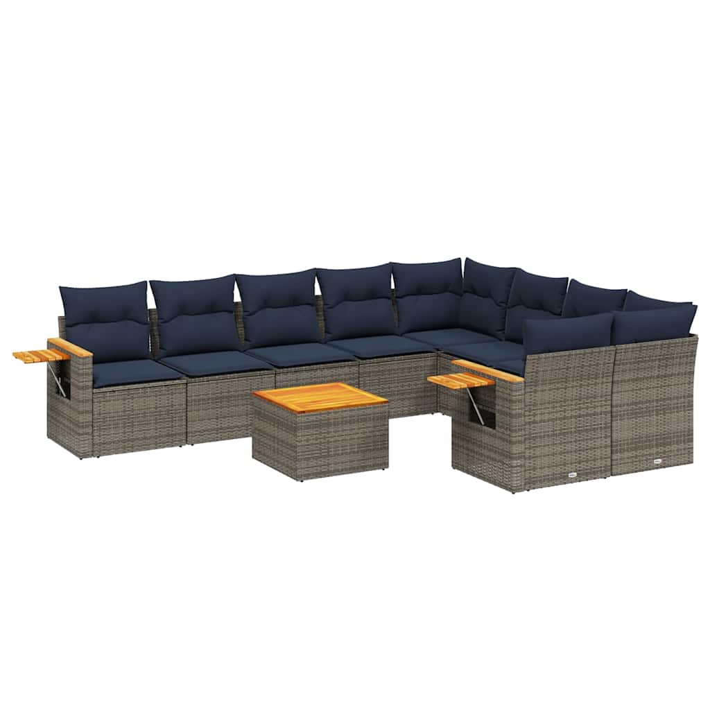 10-tlg. Garten-Sofagarnitur mit Kissen Grau Poly Rattan