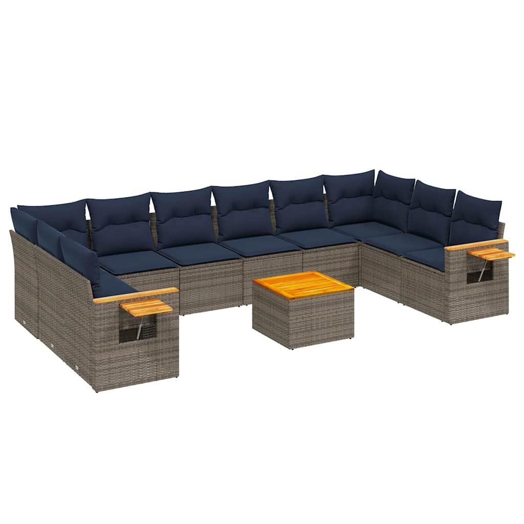 11-tlg. Garten-Sofagarnitur mit Kissen Grau Poly Rattan