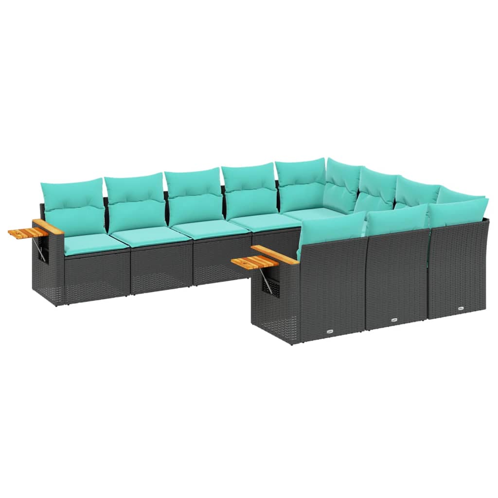 10-tlg. Garten-Sofagarnitur mit Kissen Schwarz Poly Rattan