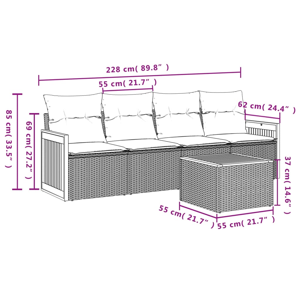 5-teiliges Gartensofa-Set mit Kissen, schwarzes Polyrattan