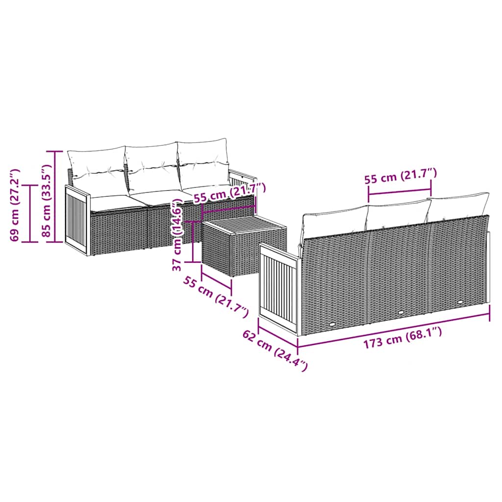 7-teiliges Gartensofa-Set mit Kissen, schwarzes Polyrattan