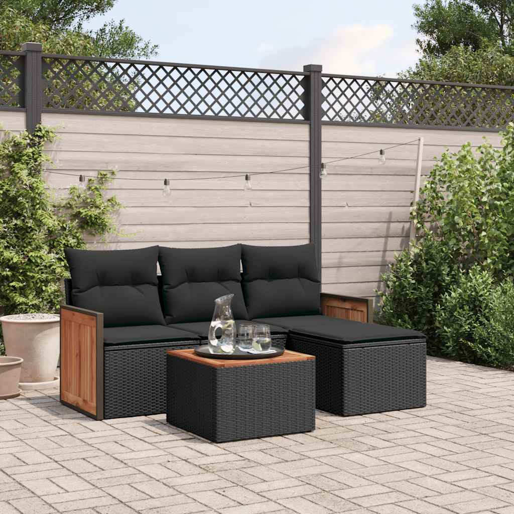 5-tlg. Garten-Sofagarnitur mit Kissen Schwarz Poly Rattan