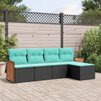 5-teiliges Gartensofa-Set mit Kissen, schwarzes Polyrattan