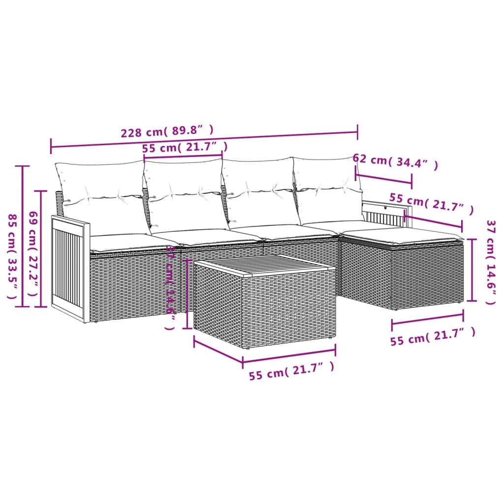 6-tlg. Garten-Sofagarnitur mit Kissen Grau Poly Rattan