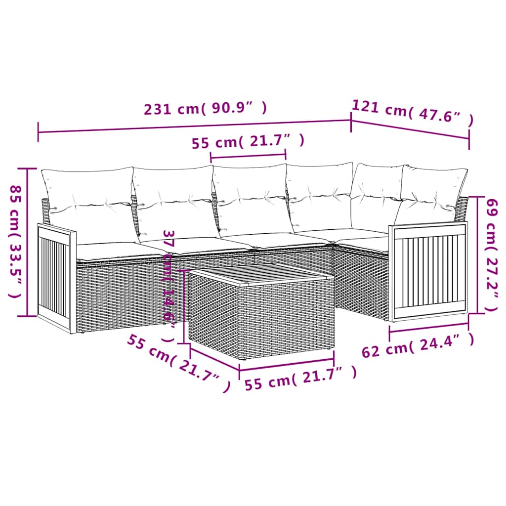 6-teiliges Gartensofa-Set mit Kissen, grau, Polyrattan