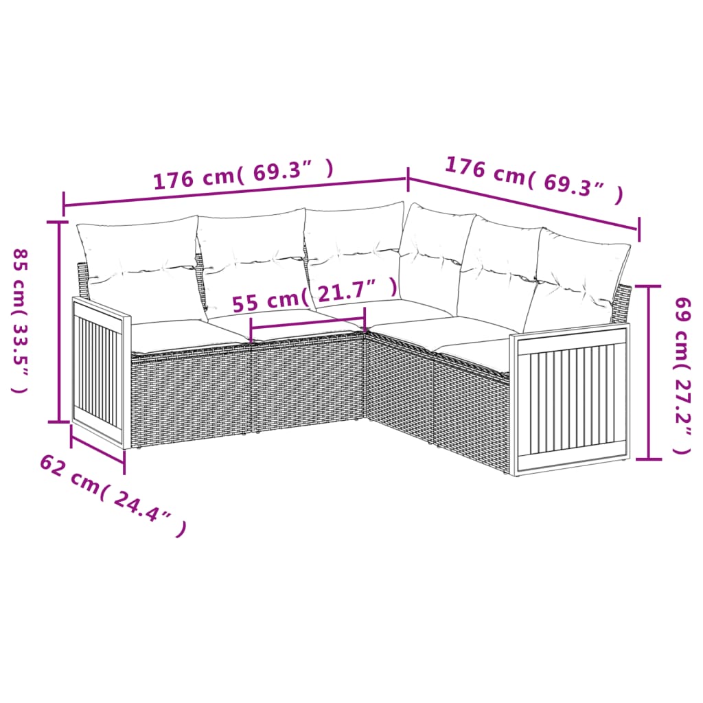 5-teiliges Gartensofa-Set mit Kissen, grau, Polyrattan