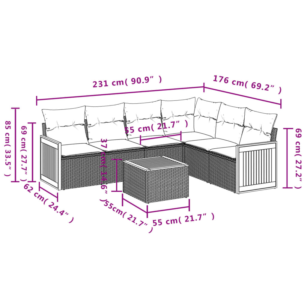 7-teiliges Gartensofa-Set mit Kissen, schwarzes Polyrattan