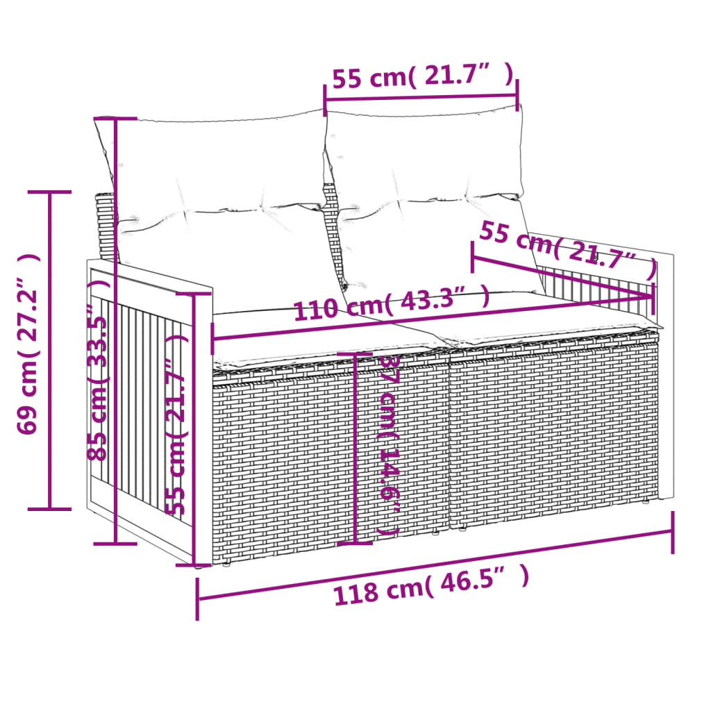 9-teiliges Gartensofa-Set mit Kissen, schwarzes Polyrattan