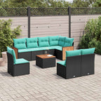 9-teiliges Gartensofa-Set mit Kissen, schwarzes Polyrattan