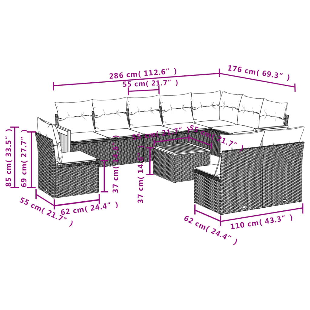 11-teiliges Gartensofa-Set mit Kissen, grau, Polyrattan