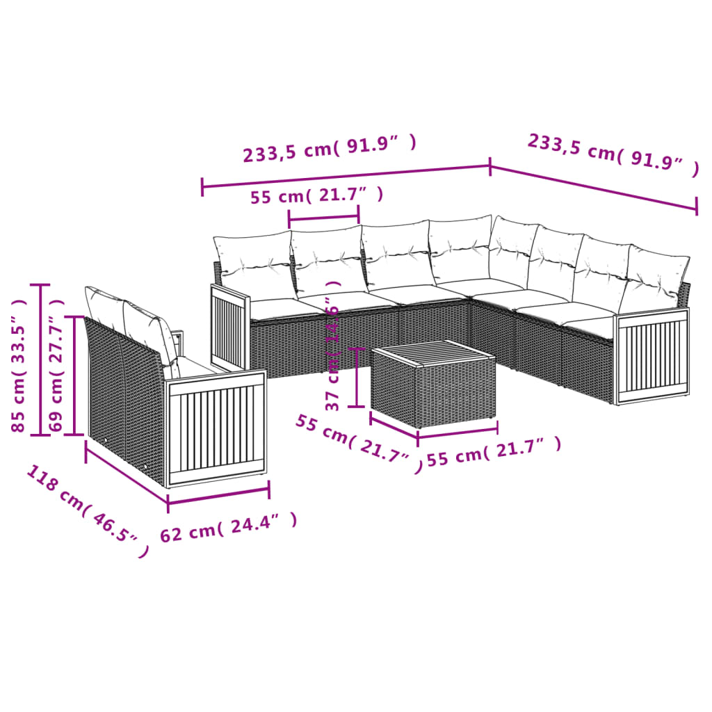 10-teiliges Gartensofa-Set mit Kissen, schwarzes Polyrattan