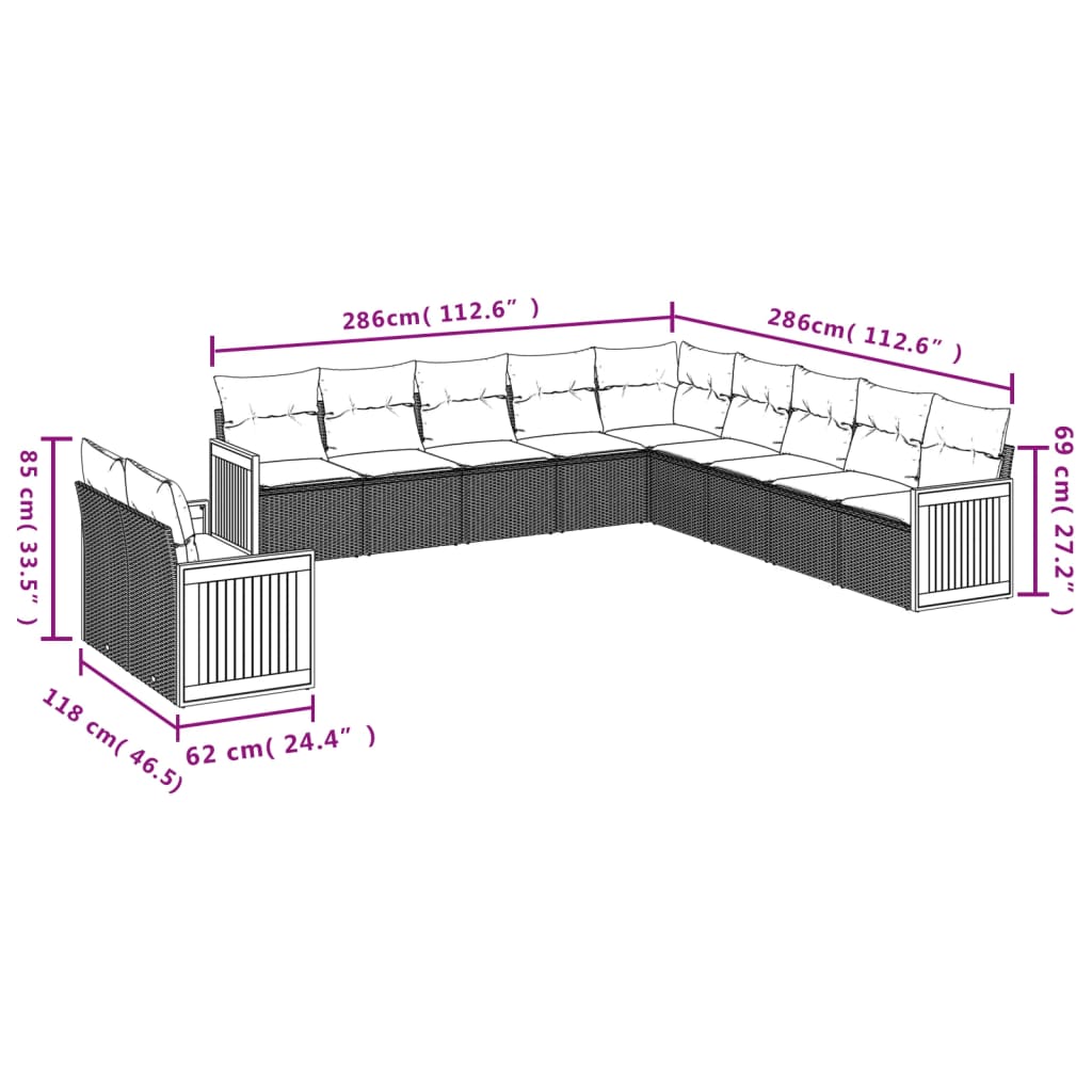 11-teiliges Gartensofa-Set mit Kissen, schwarzes Polyrattan