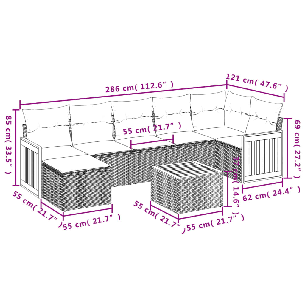8-tlg. Garten-Sofagarnitur mit Kissen Grau Poly Rattan