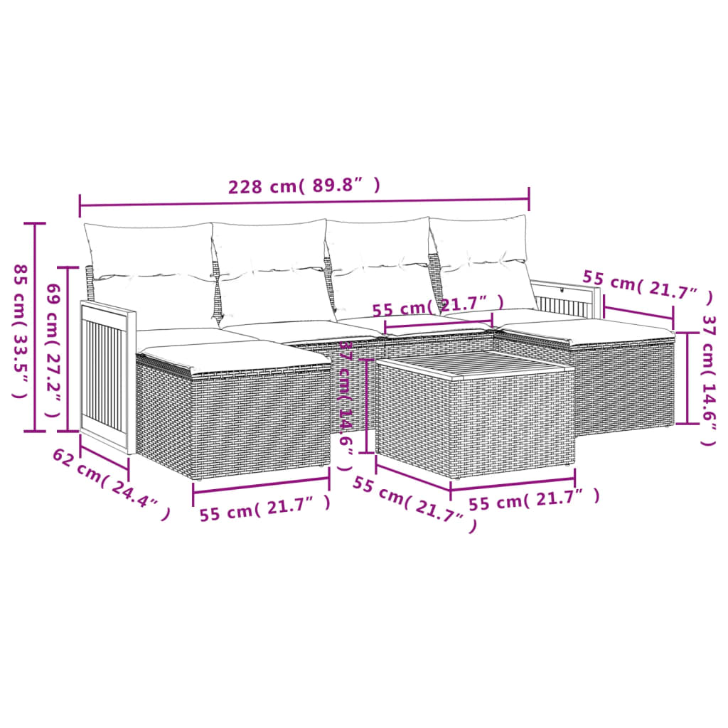 7-teiliges Gartensofa-Set mit Kissen, grau, Polyrattan
