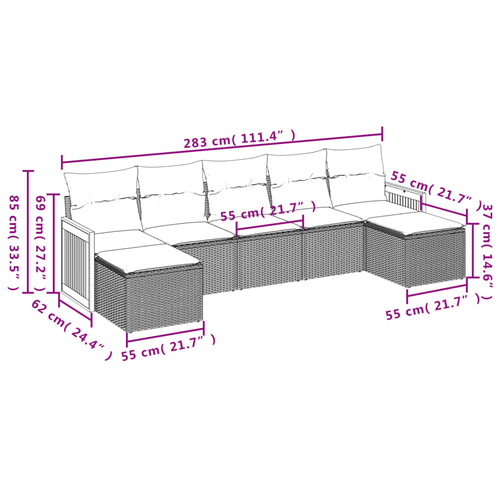 7-tlg. Garten-Sofagarnitur mit Kissen Grau Poly Rattan
