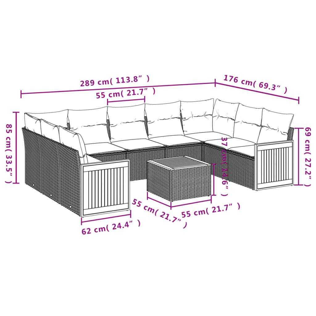 10-teiliges Gartensofa-Set mit Kissen, schwarzes Polyrattan