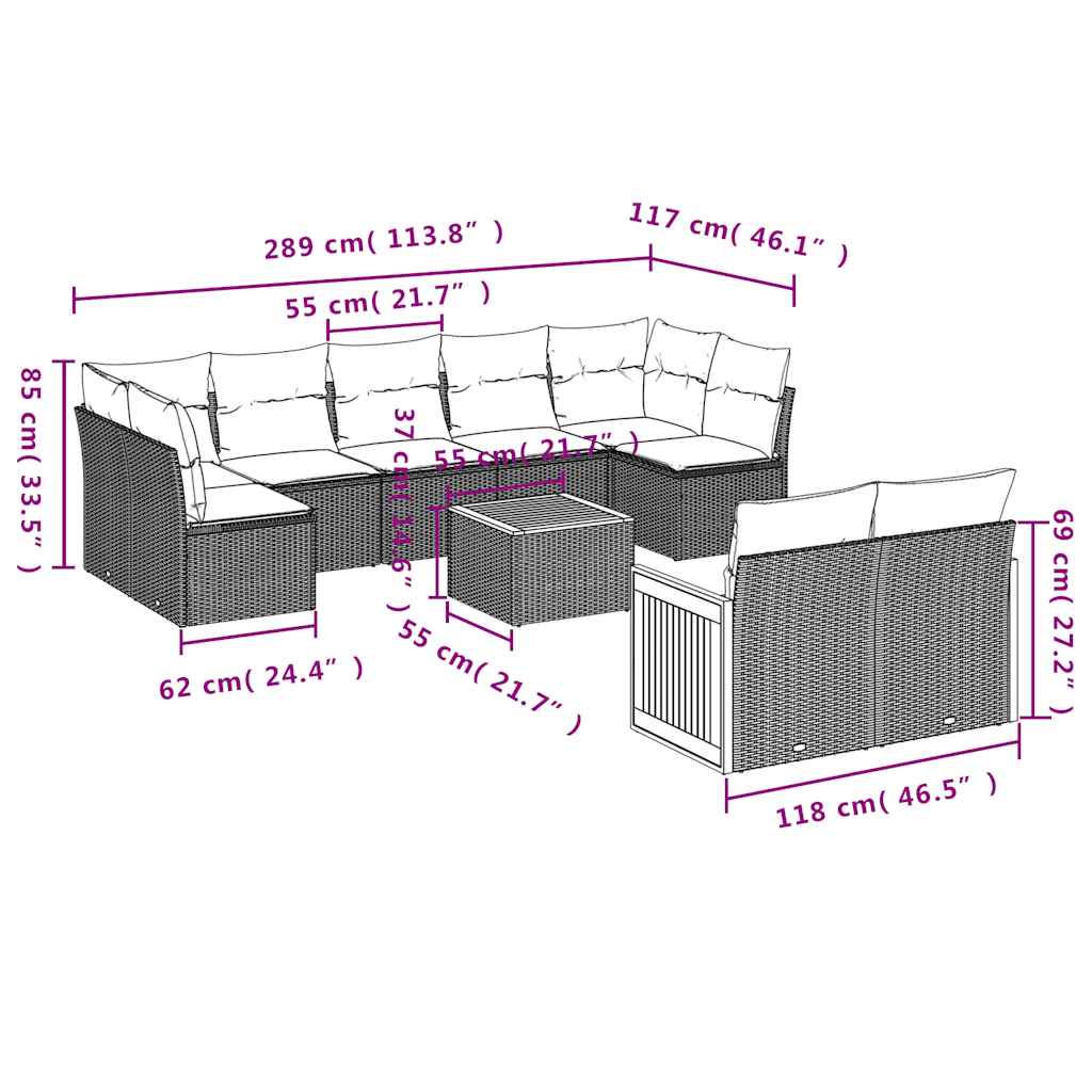 10-tlg. Garten-Sofagarnitur mit Kissen Schwarz Poly Rattan