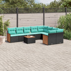 10-teiliges Gartensofa-Set mit Kissen, schwarzes Polyrattan