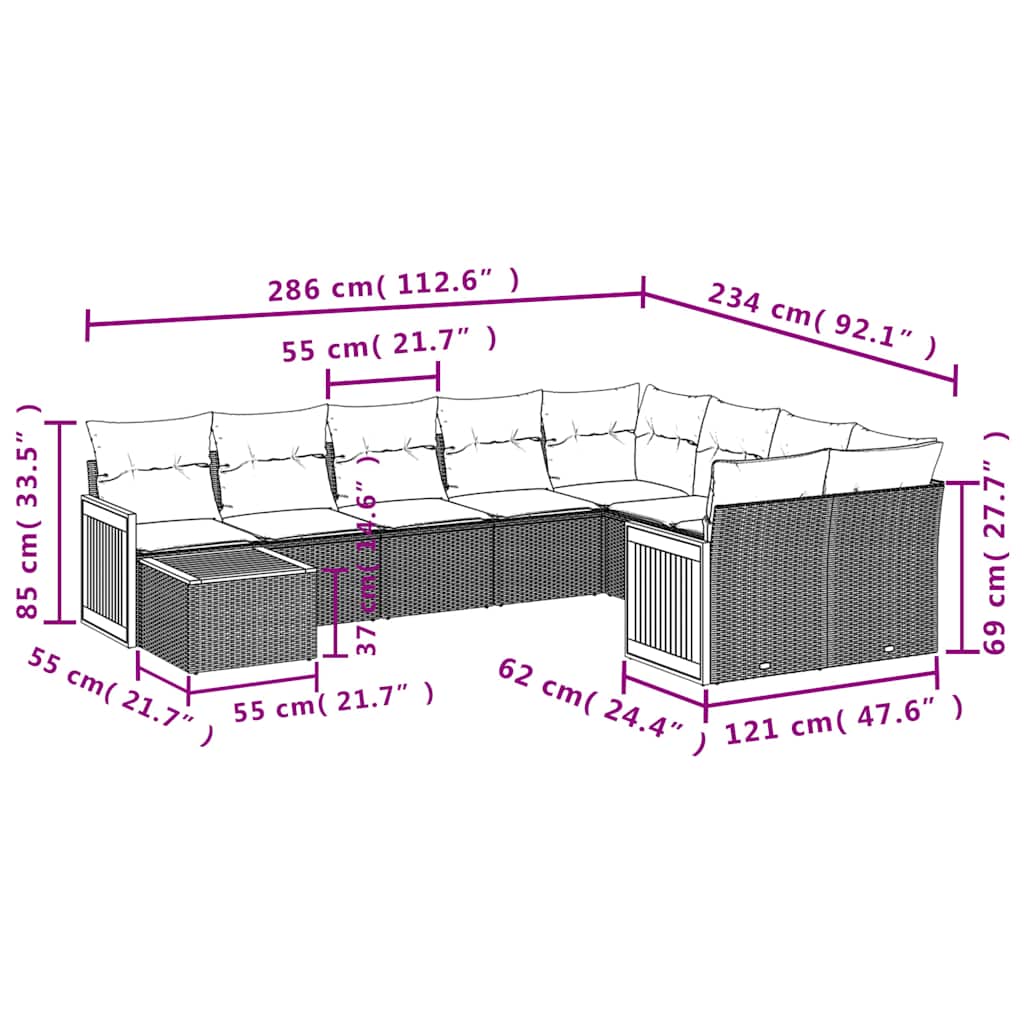 10-teiliges Gartensofa-Set mit Kissen, schwarzes Polyrattan