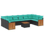 11-teiliges Gartensofa-Set mit Kissen, schwarzes Polyrattan