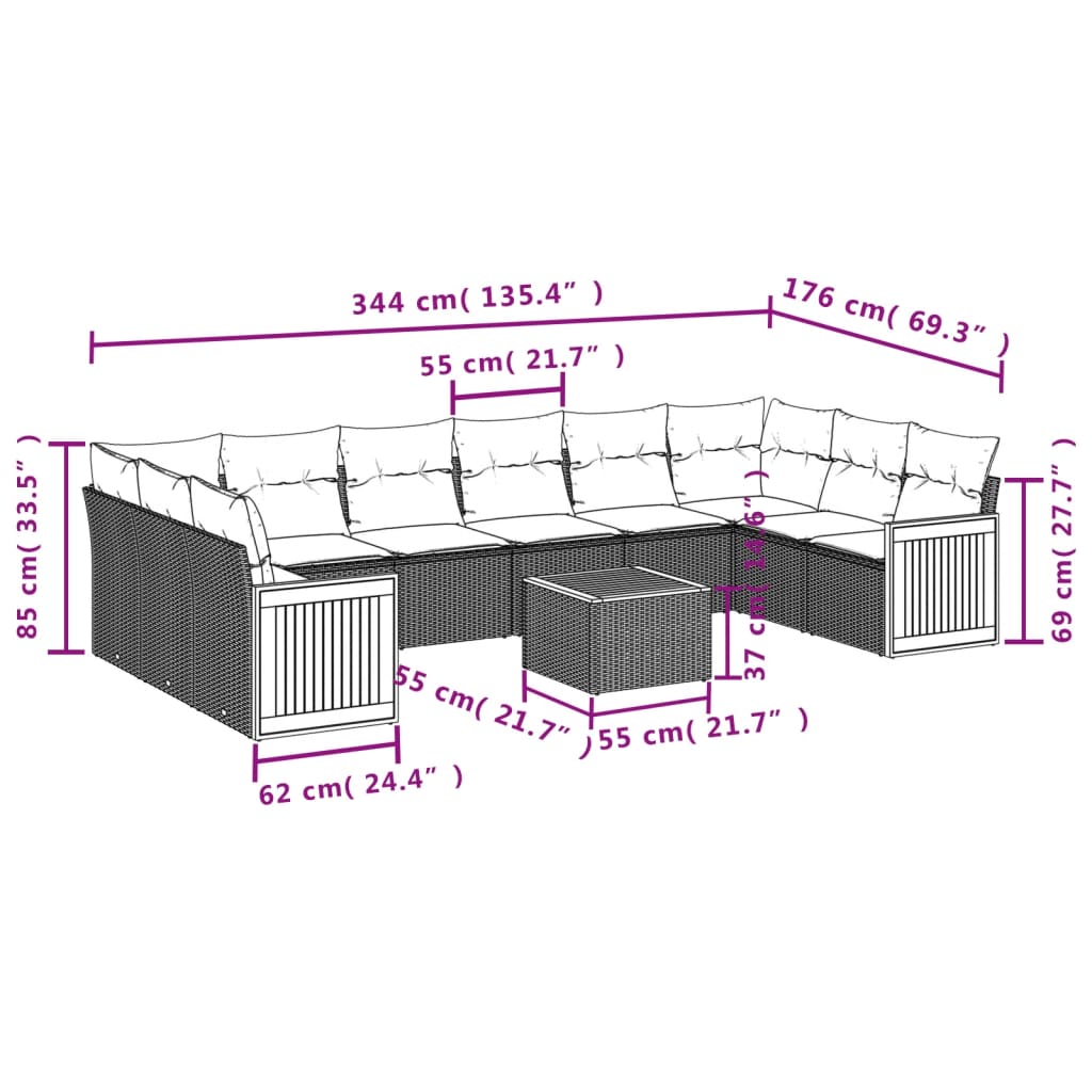 11-teiliges Gartensofa-Set mit Kissen, schwarzes Polyrattan