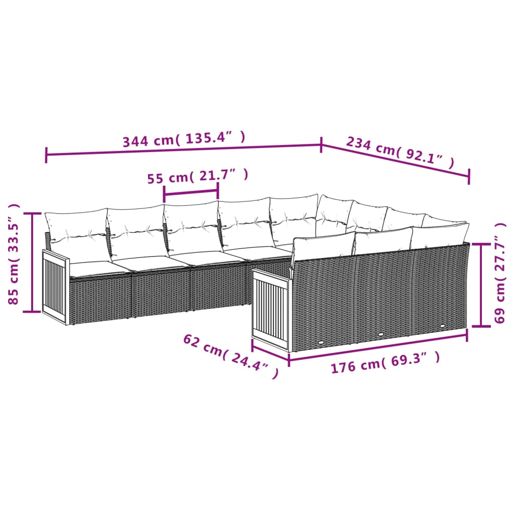 10-teiliges Gartensofa-Set mit Kissen, grau, Polyrattan