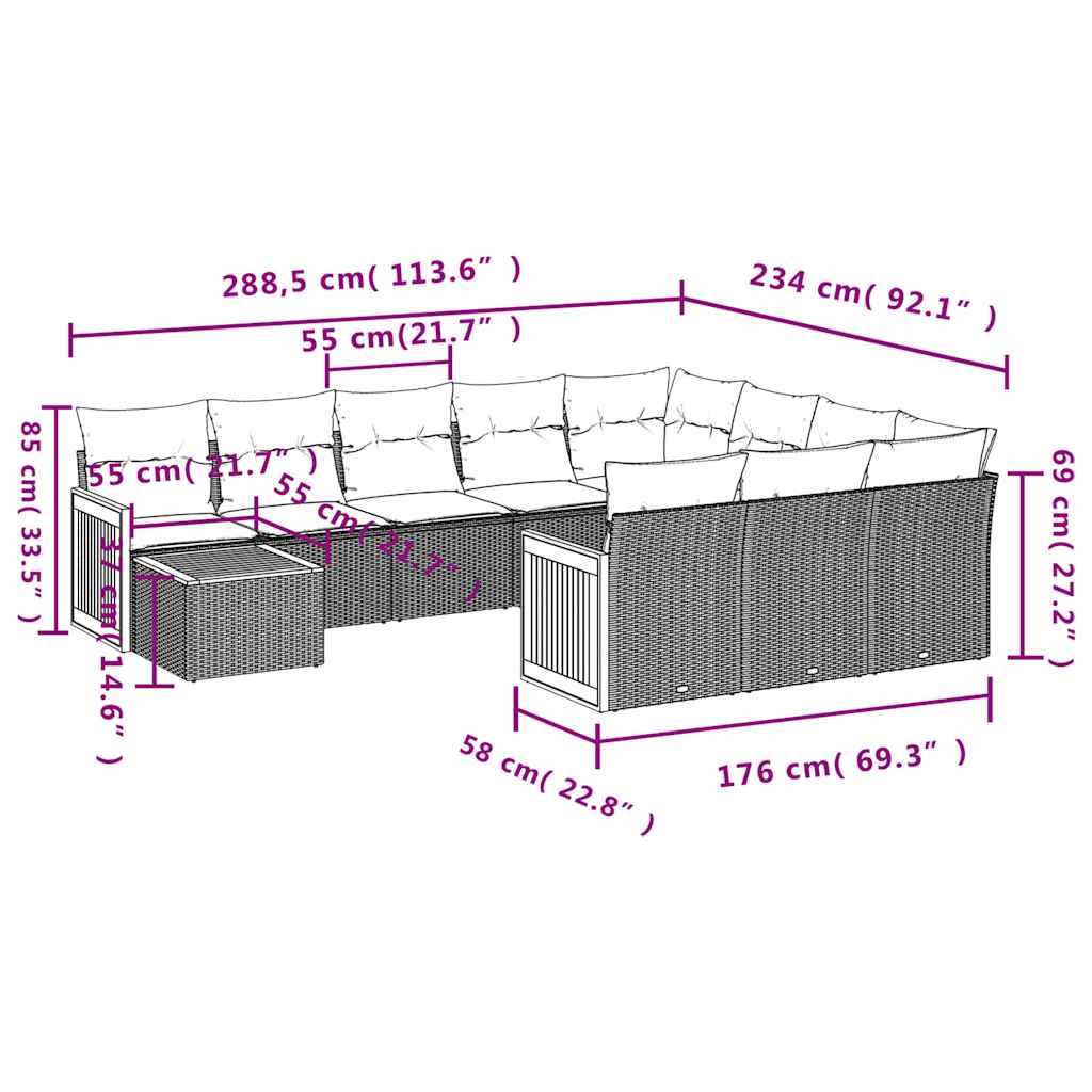 11-teiliges Gartensofa-Set mit Kissen, grau, Polyrattan