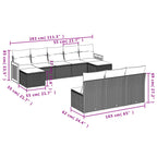 10-teiliges Gartensofa-Set mit Kissen, schwarzes Polyrattan