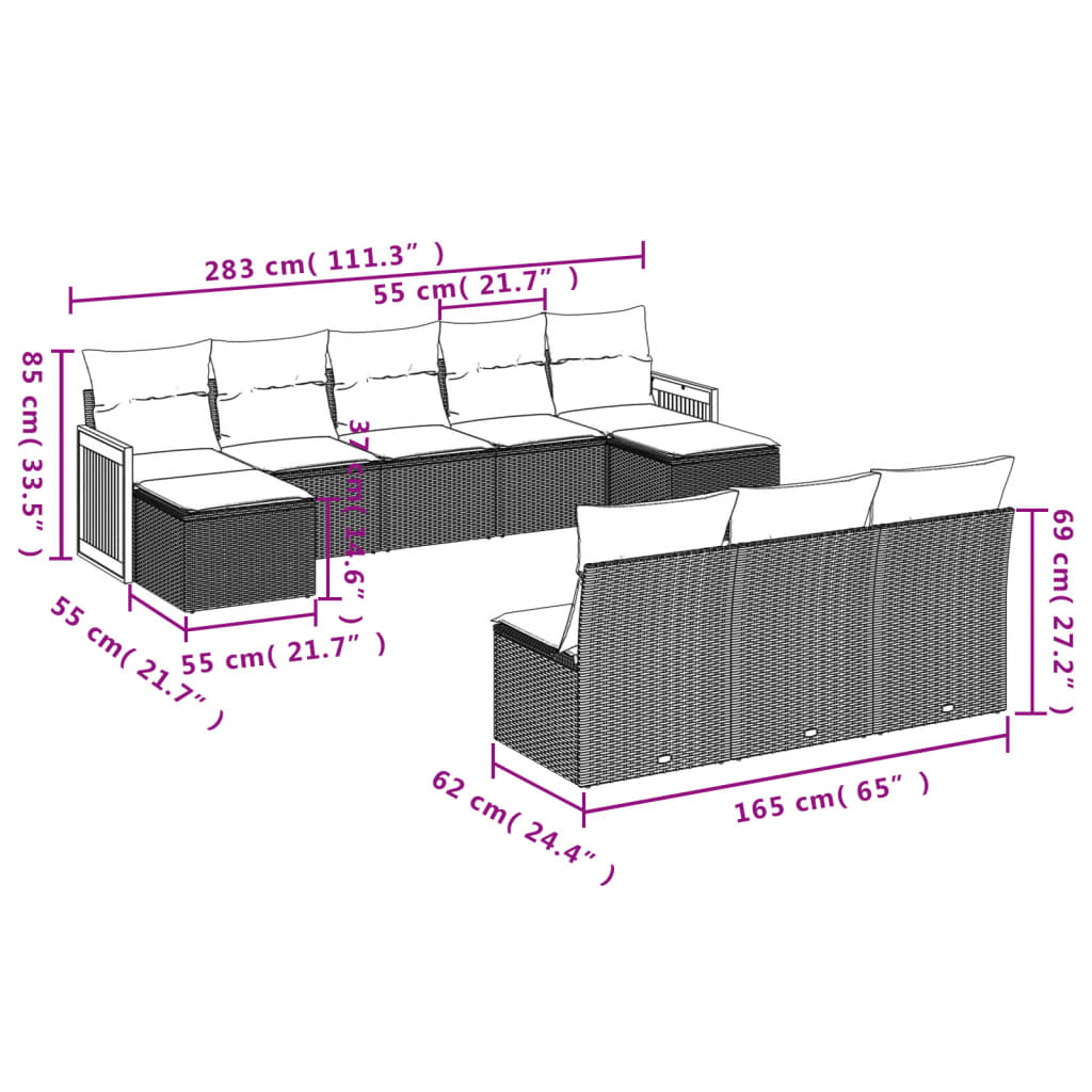 10-teiliges Gartensofa-Set mit Kissen, grau, Polyrattan