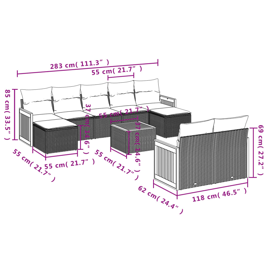 10-teiliges Gartensofa-Set mit Kissen, grau, Polyrattan