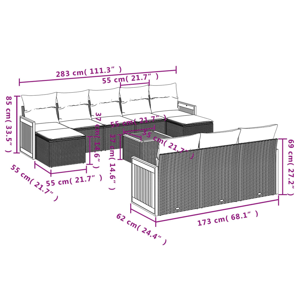 11-teiliges Gartensofa-Set mit Kissen, grau, Polyrattan