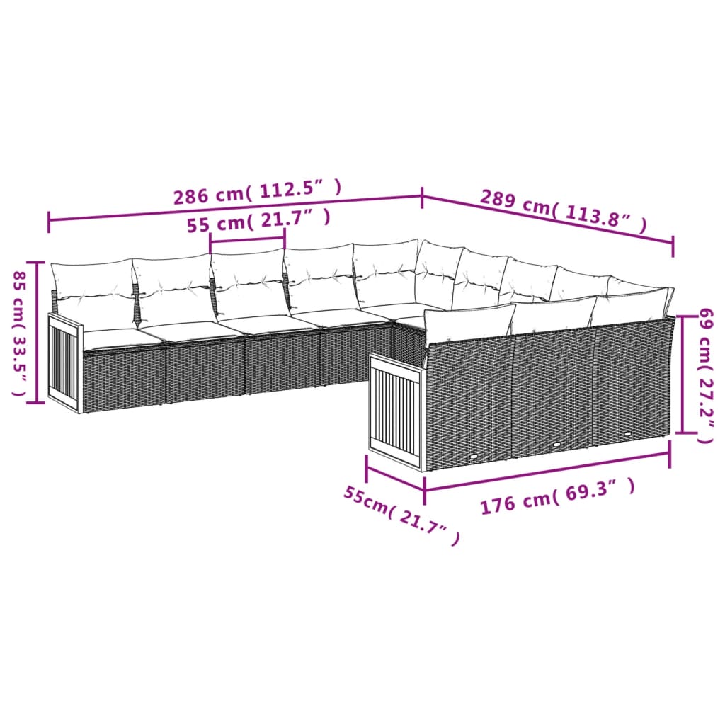 11-teiliges Gartensofa-Set mit Kissen, schwarzes Polyrattan