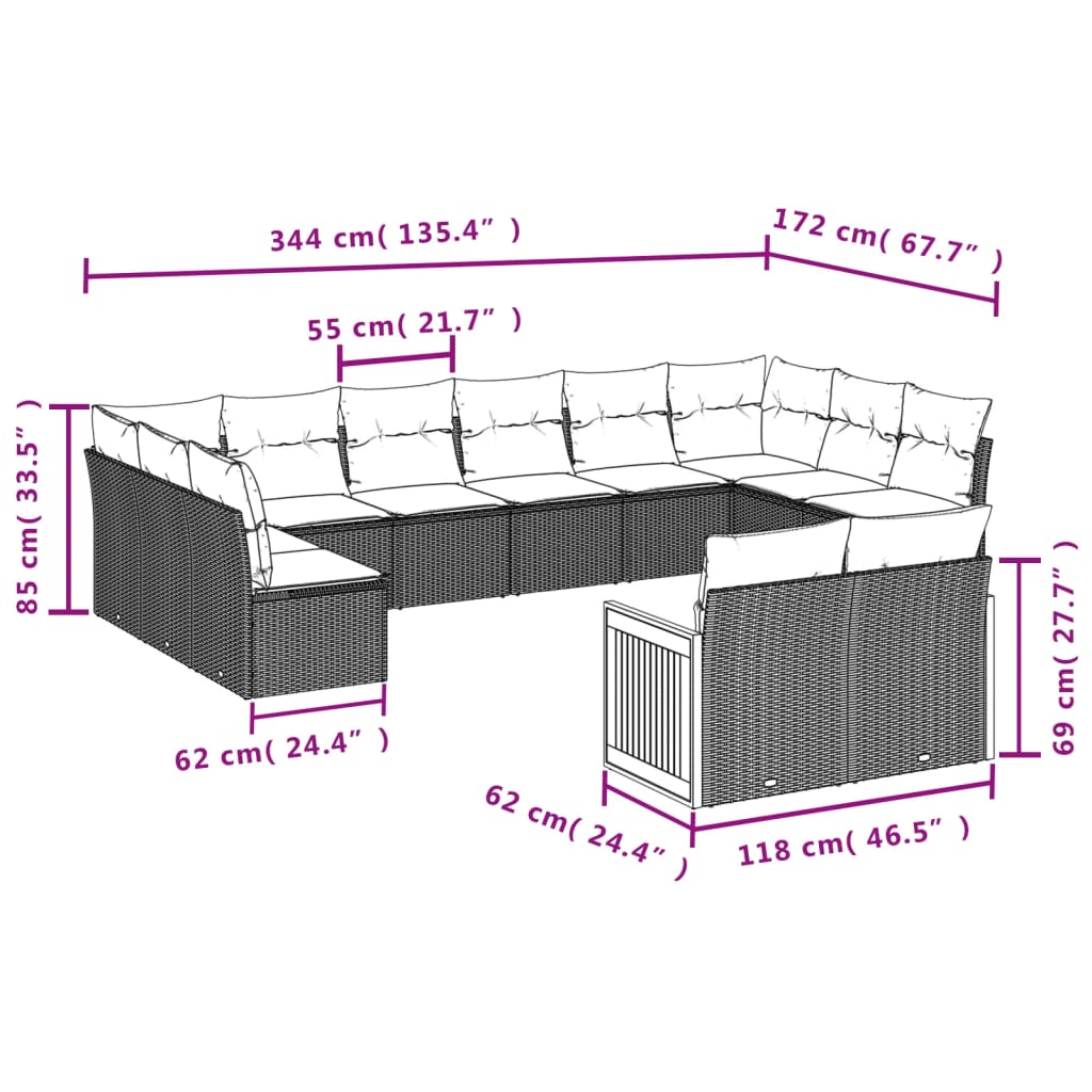 12-teiliges Gartensofa-Set mit Kissen, schwarzes Polyrattan