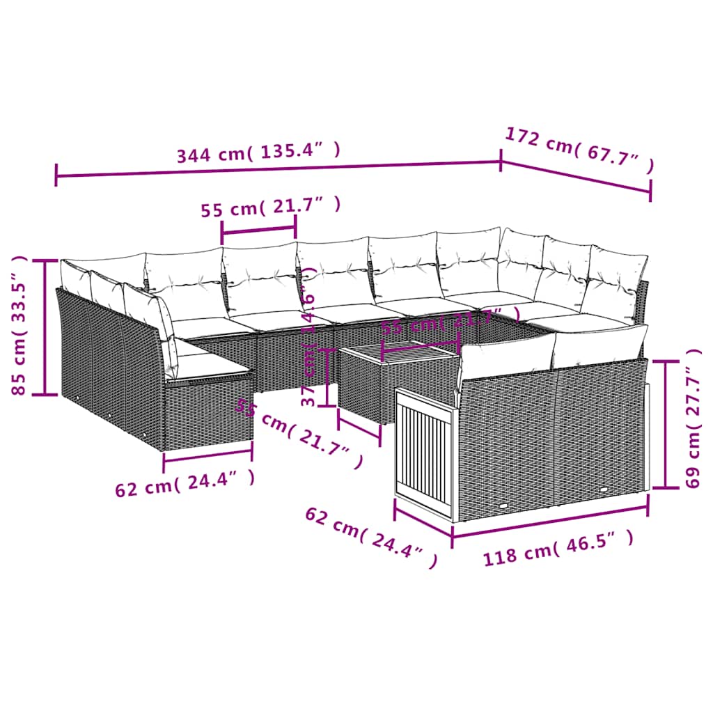 13-tlg. Garten-Sofagarnitur mit Kissen Schwarz Poly Rattan