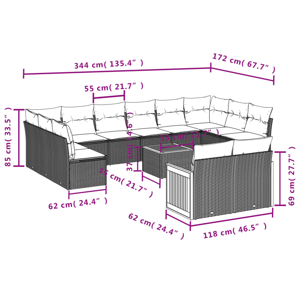 13-teiliges Gartensofa-Set mit Kissen, schwarzes Polyrattan