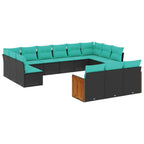 13-teiliges Gartensofa-Set mit Kissen, schwarzes Polyrattan