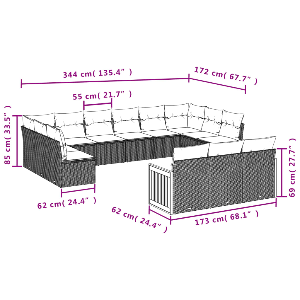 13-teiliges Gartensofa-Set mit Kissen, grau, Polyrattan