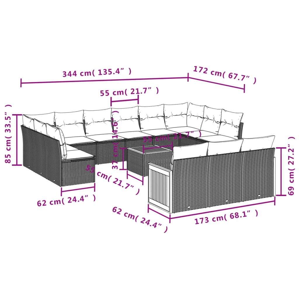 16-teiliges Gartensofa-Set mit Kissen, grau, Polyrattan