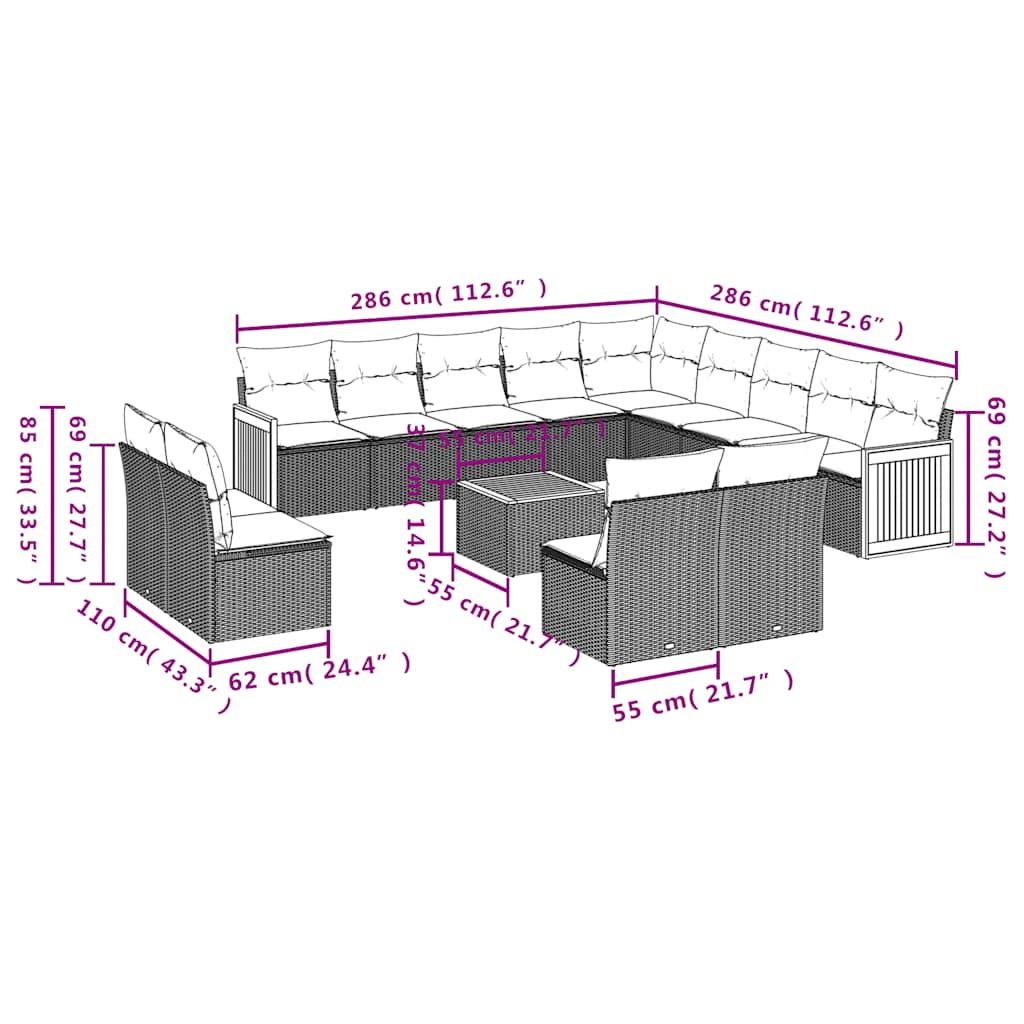 14-tlg. Garten-Sofagarnitur mit Kissen Schwarz Poly Rattan