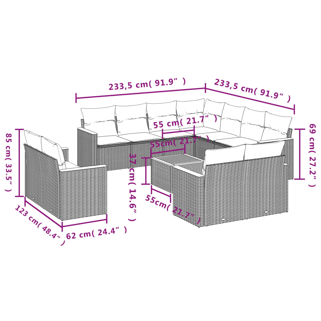 12-teiliges Gartensofa-Set mit Kissen, schwarzes Polyrattan