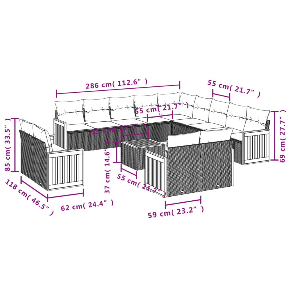 14-teiliges Gartensofa-Set mit Kissen, grau, Polyrattan