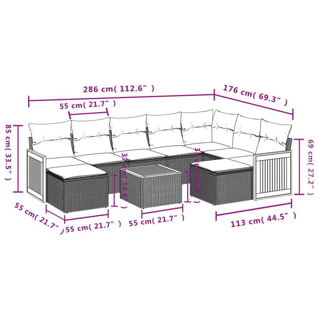 10-teiliges Gartensofa-Set mit Kissen, schwarzes Polyrattan