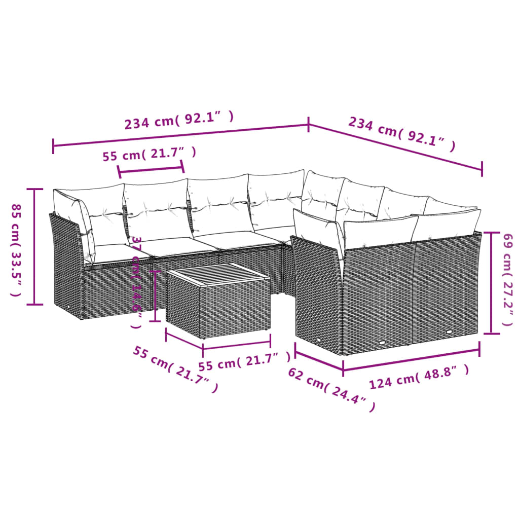 9-tlg. Garten-Sofagarnitur mit Kissen Schwarz Poly Rattan