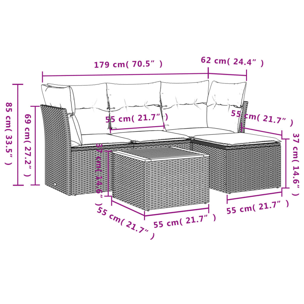 5-tlg. Garten-Sofagarnitur mit Kissen Schwarz Poly Rattan