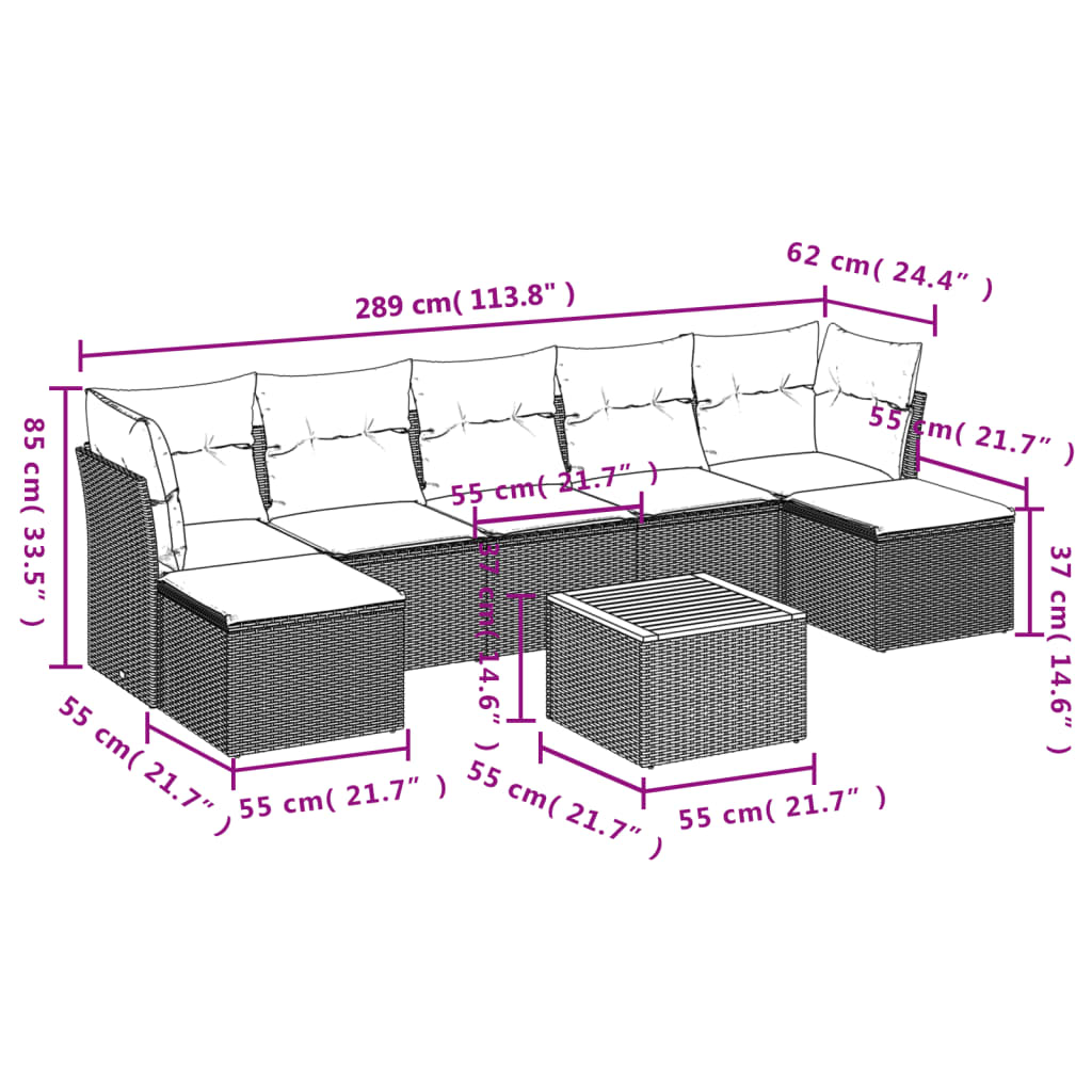 8-tlg. Garten-Sofagarnitur mit Kissen Grau Poly Rattan