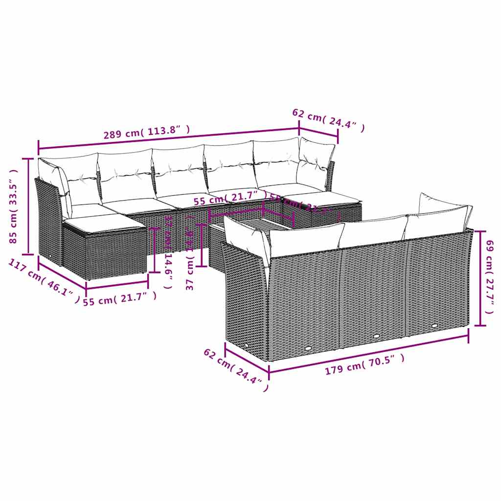 11-tlg. Garten-Sofagarnitur mit Kissen Schwarz Poly Rattan