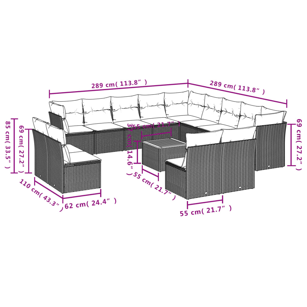 14-tlg. Garten-Sofagarnitur mit Kissen Beige Poly Rattan