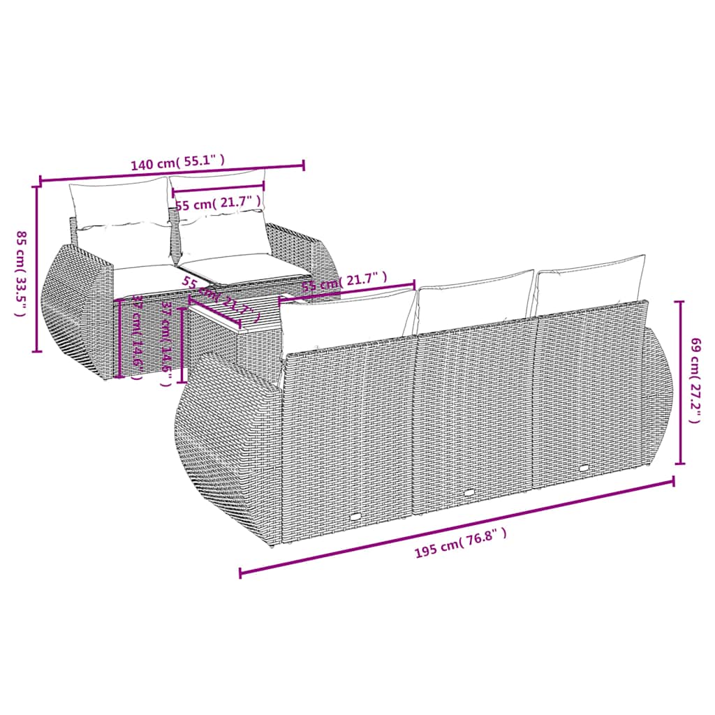 6-teiliges Gartensofa-Set mit Kissen, grau, Polyrattan