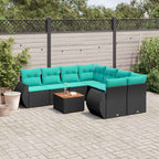 9-teiliges Gartensofa-Set mit Kissen, schwarzes Polyrattan